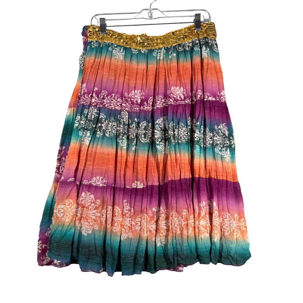 Geri C Skirt Rainbow Sequins Colorful Floral Midi Bohemian‎ Peasant Gypsy XL